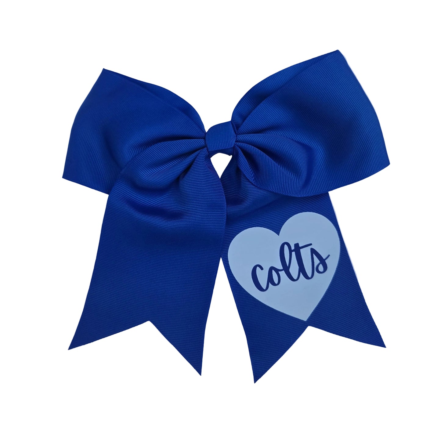 A royal blue cheerleader bow with two large loops and a white heart-shaped patch on the front that reads 'colts' in navy script, shown on a white background.
